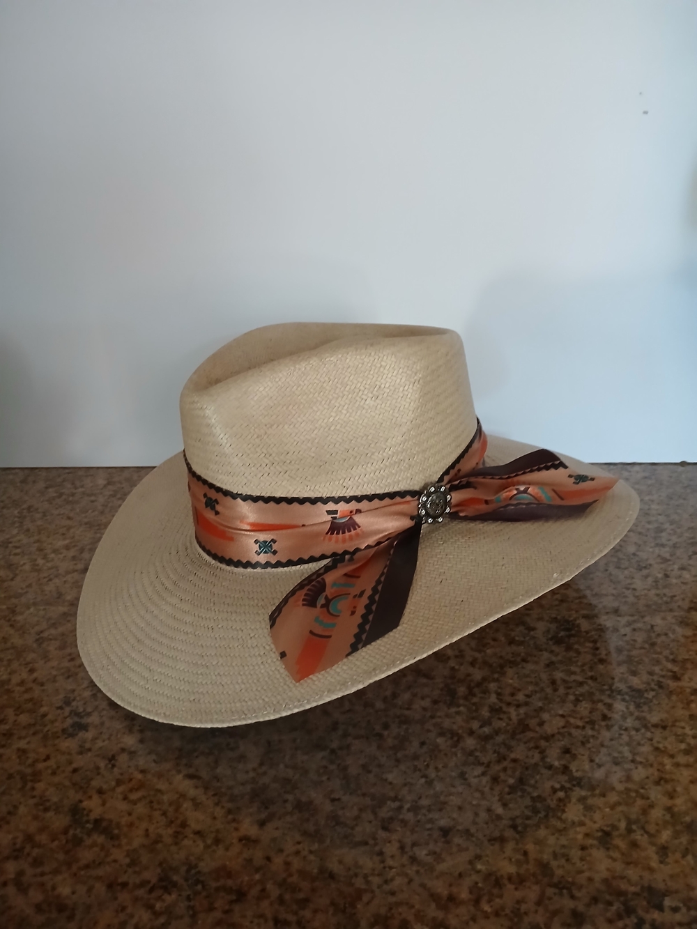 Straw Fedora Hat with Orange Patterned Band